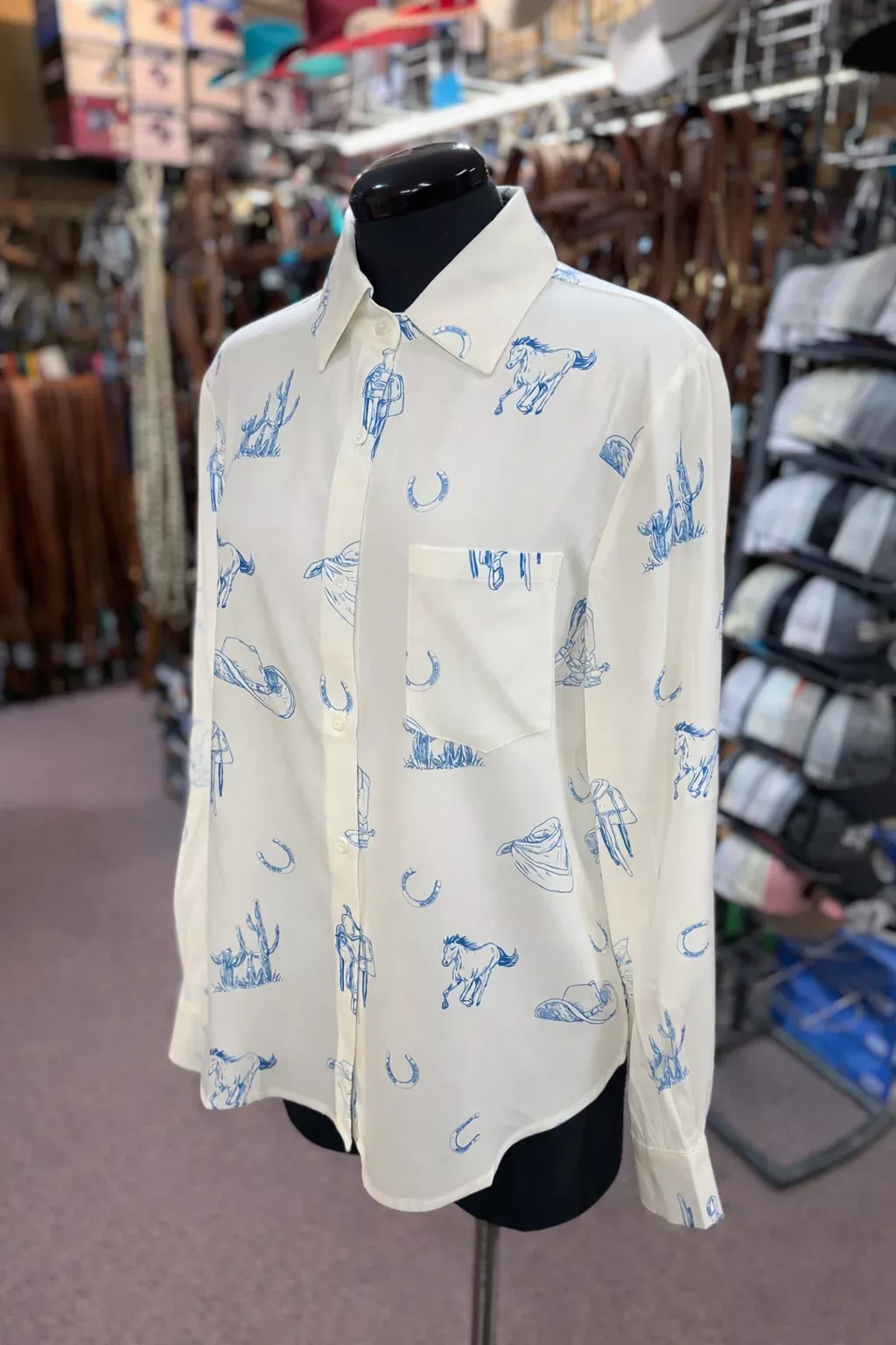 Off White Blue Horse Print Long Sleeve Blouse Top