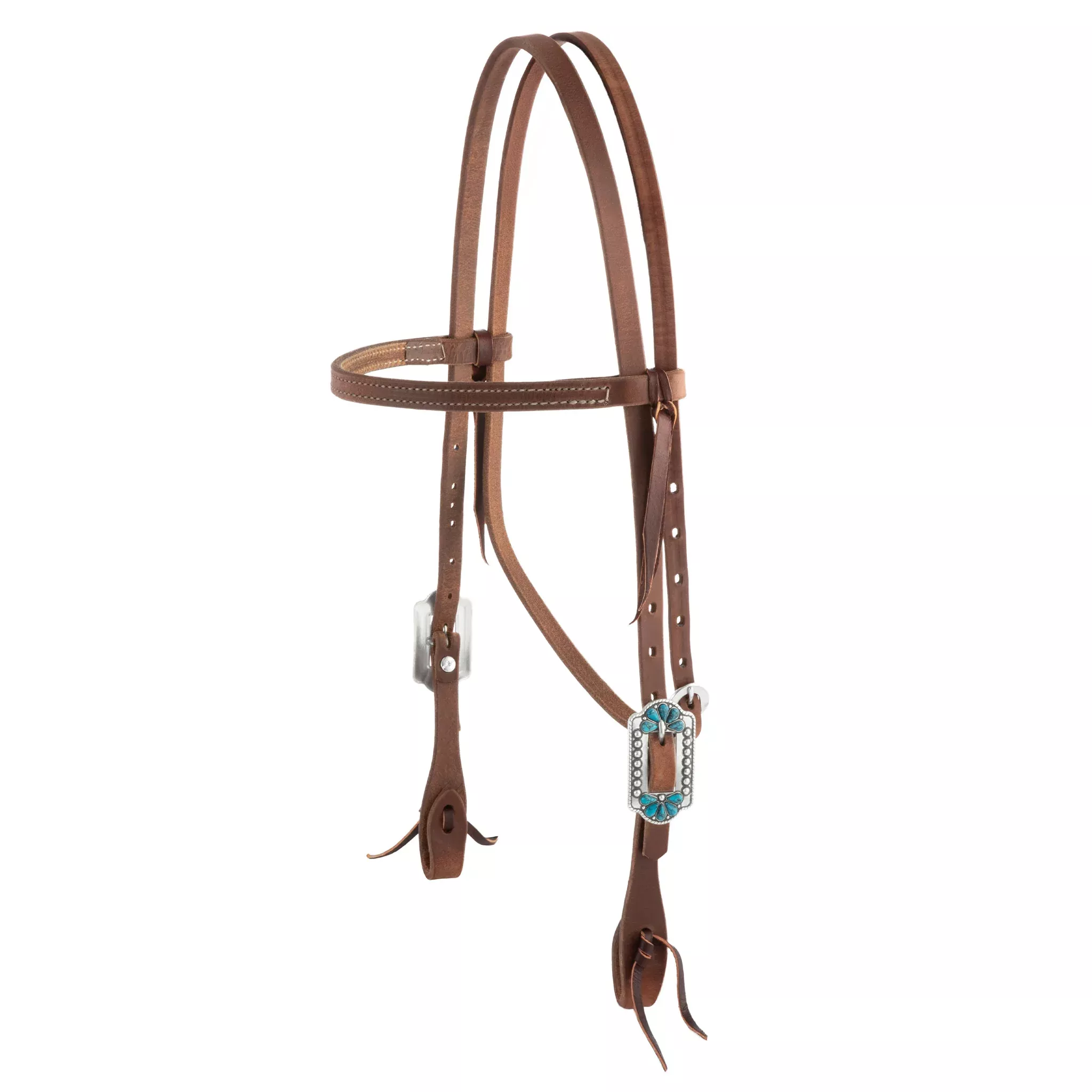 Oiled Hermann Oak Harness Leather Headstall with Turquoise Flower Hardware