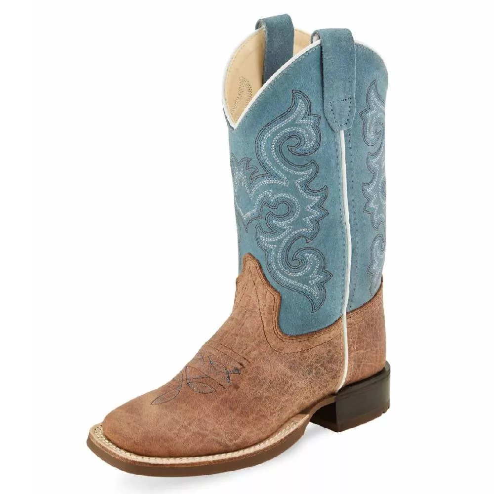 Old West Kid's Square Toe Brown/Light Blue Boot