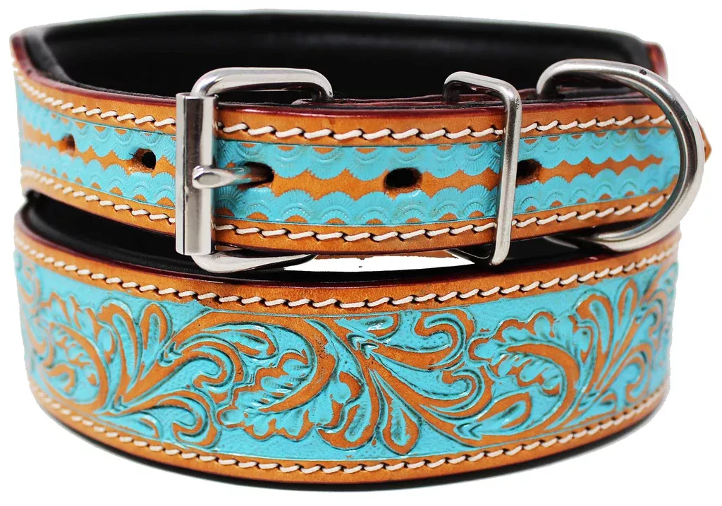 Padded Leather Dog CollarFloral Hand Tooled 60167