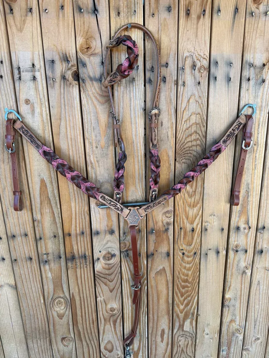 Pink Miracle Braid Tack Set Headstall Breast Collar HS1237