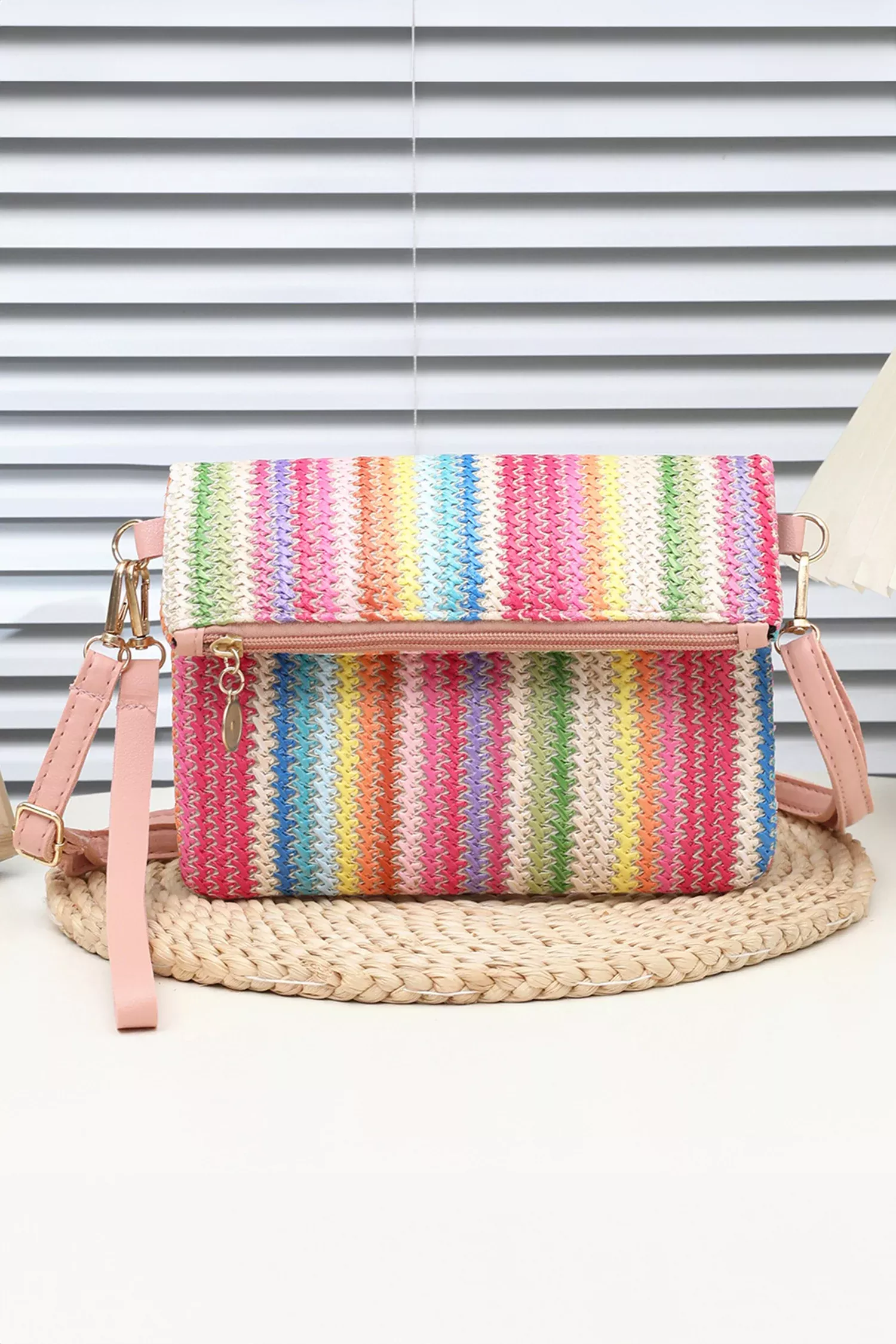Pink Striped Straw Woven Zip Folded Magnetic Button Shoulder Bag