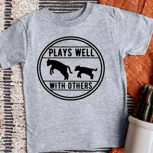 PLAYS WELL WITH OTHERS, KIDS TSHIRT