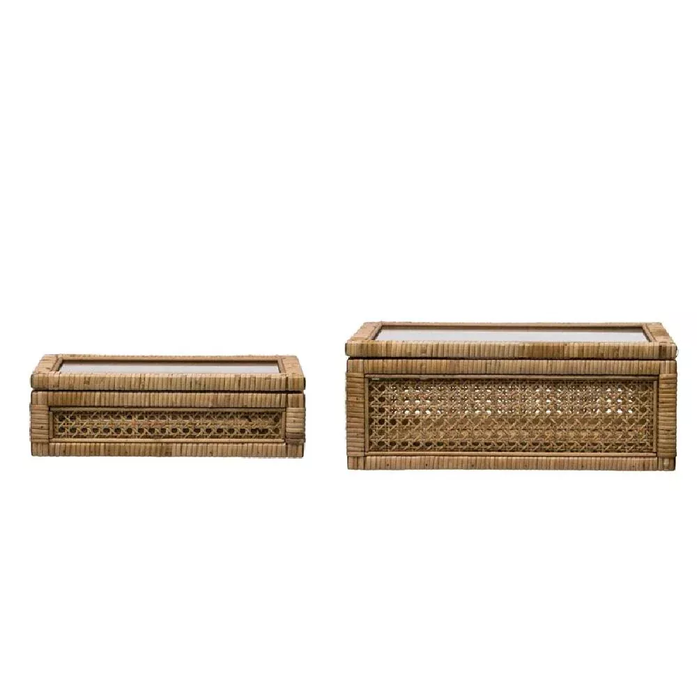 Rattan Wood Box w/ Glass Lid
