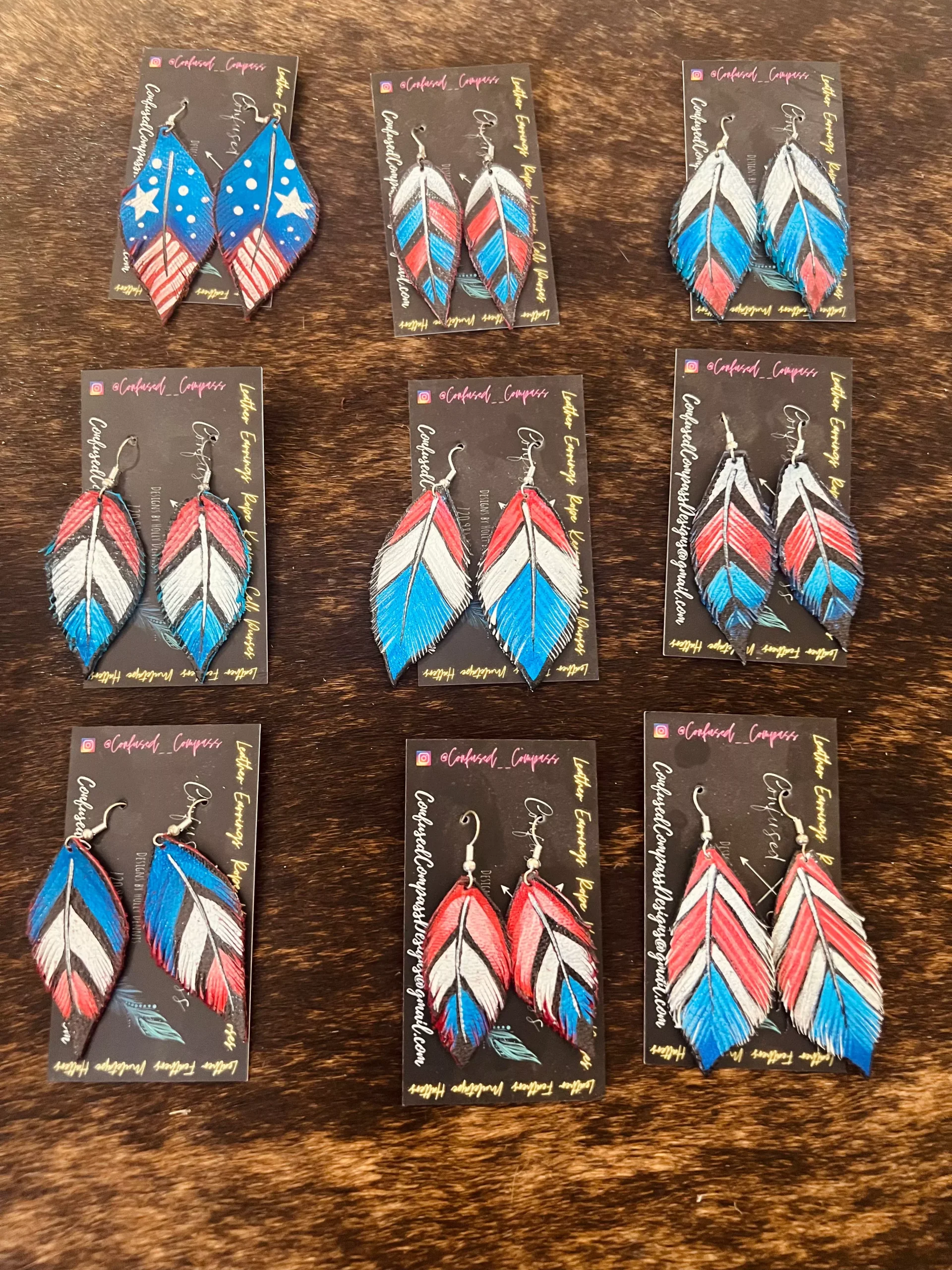 Red, White, Blue Hand Painted Leather Feather EarringsCC1112