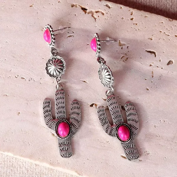 Rustic couture's RCE-1044 Rustic Couture's Western Cactus Turquoise Stone Dangling Earring - Turquoise