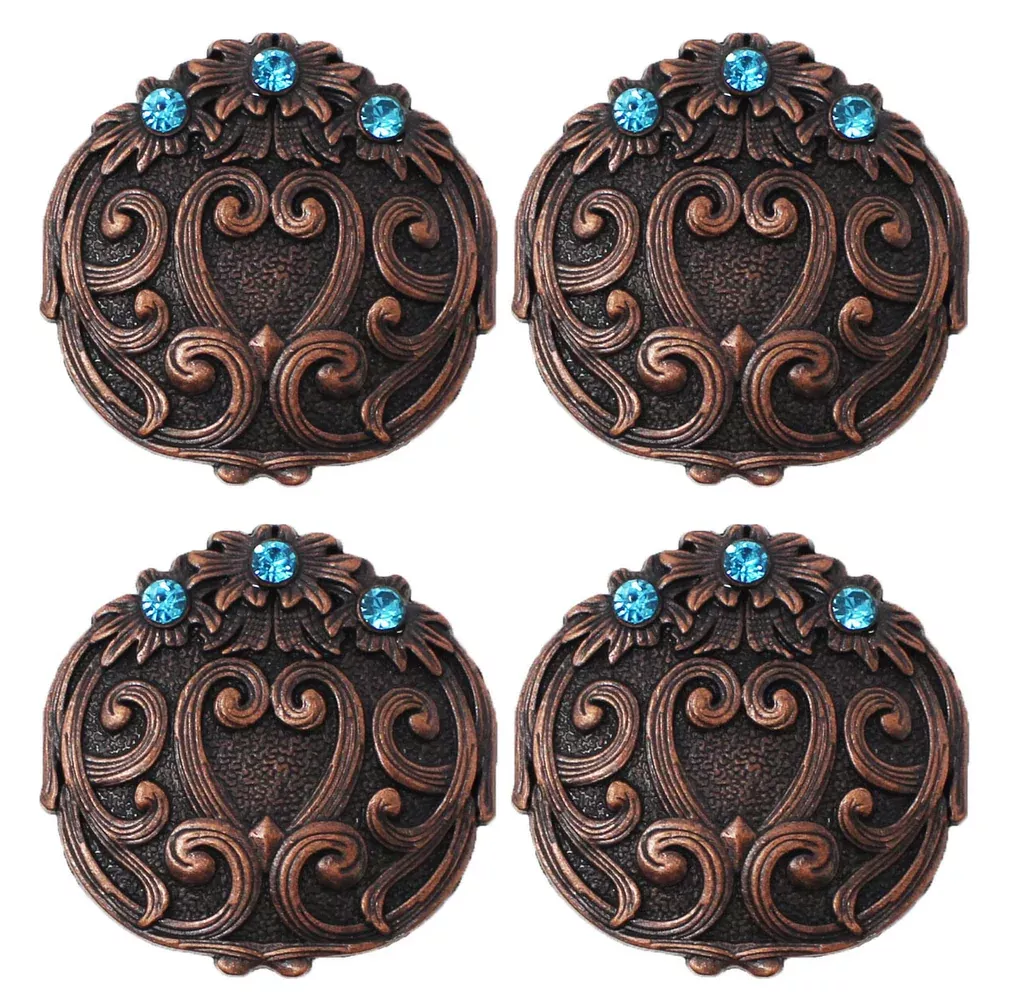 Set of 4 Conchos Western Saddle Tack Copper Engraved Rhinestone Co541B