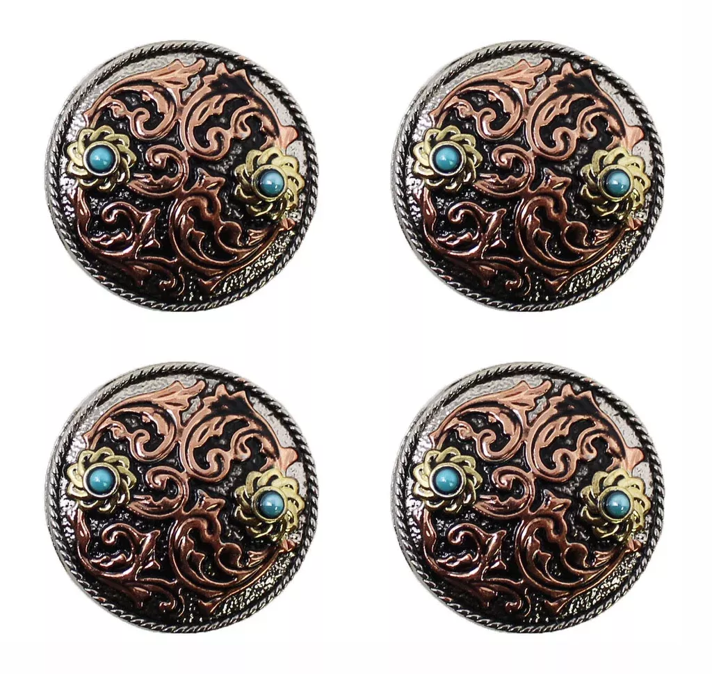 Set of 4 Screw Back 1-1/4" Three-Tone Engraved Turquoise Stone Conchos CO575