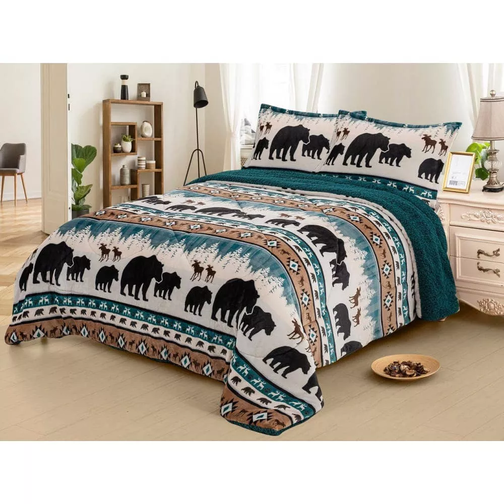SHERPA PLUSH BEAR TRAIL LODGE COMFORTER SET- 3 PIECE KING SIZE