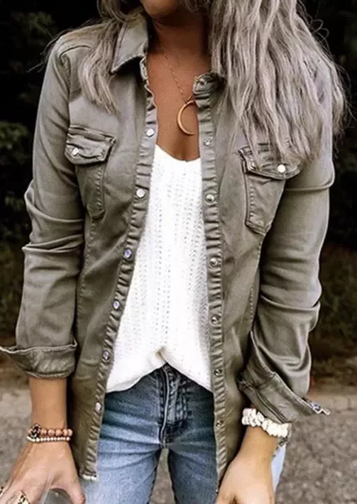 SNAP BUTTON POCKET RUFFLED LONG SLEEVE JACKET