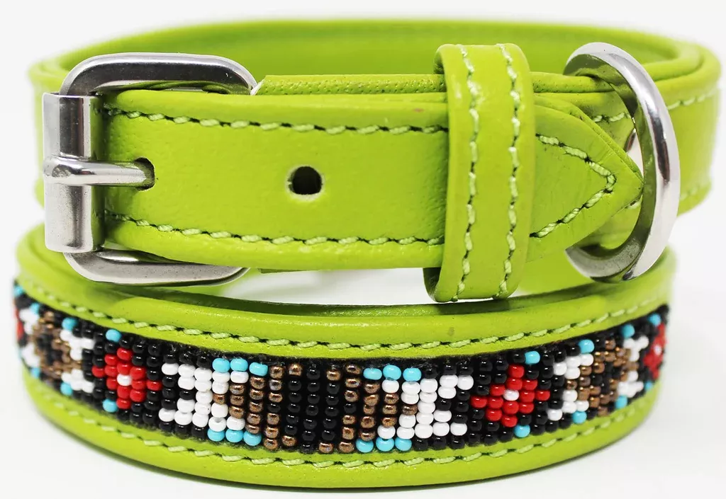 Soft Genuine Leather Beaded Padded Dog Puppy Collar60RT01