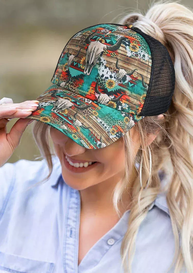 STEER SKULL SUNFLOWER LEOPARD AZTEC GEOMETRIC BASEBALL CAP PONY TAIL CAP