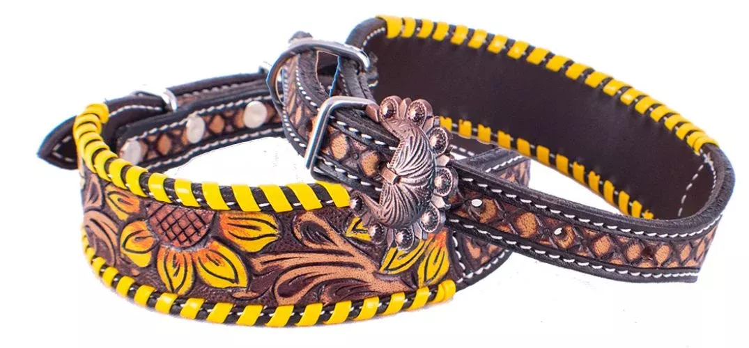 SUNFLOWER TOOLED LEATHER DOG COLLAR WITH YELLOW LEATHER LACED TRIM