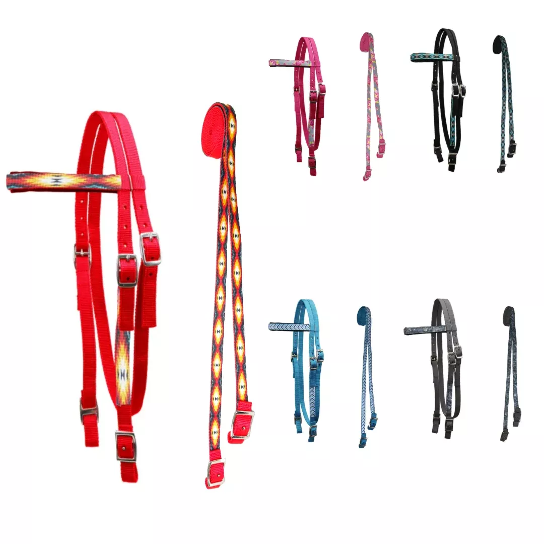 Tahoe Tack Patterned Overlay Double Layer Nylon Western Browband Headstalls with Matching Reins for Horses Available in 6 Colors