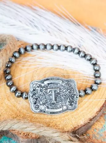 TIPI Branded Buckle Initial Silver Pearl Bracelet