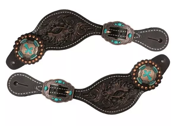 TOOLED LEATHER SPUR STRAPS WITH VINTAGE CROSS CONCHOS