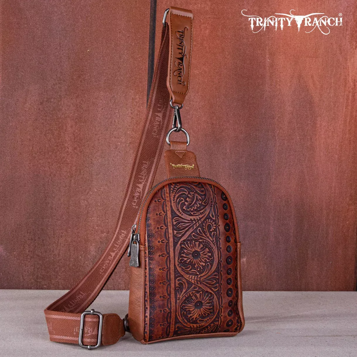Trinity Ranch Tooled Brown Sling Bag