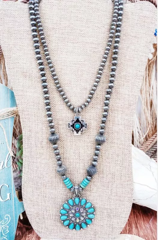 Turquoise Bloomfire Mesa Layered Silver Pearl Necklace