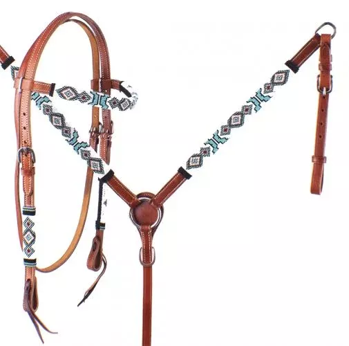 TURQUOISE AND RED NAVAJO BEADED HEADSTALL AND BREAST COLLAR SET