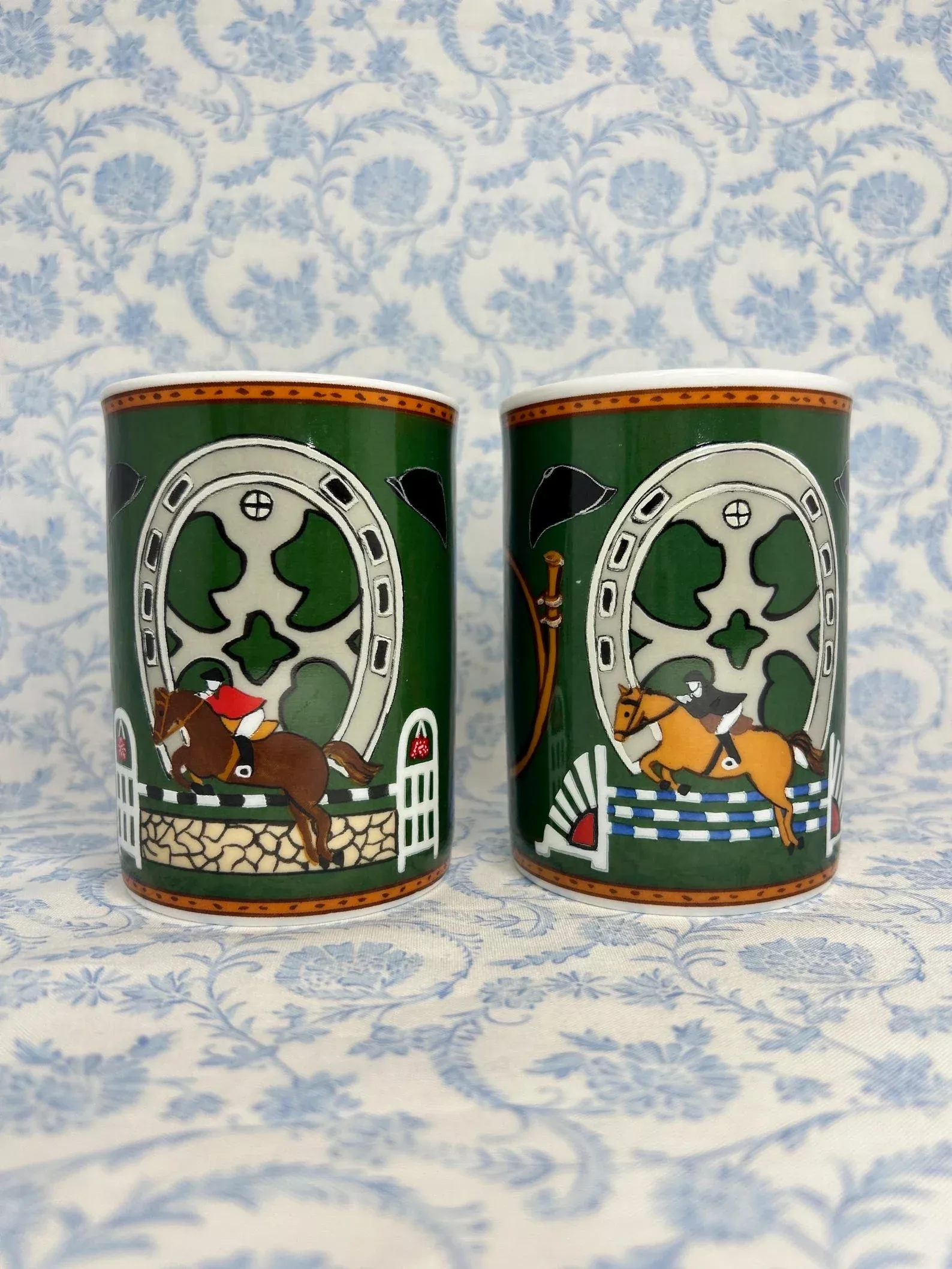Vintage Porcelain Equestrian Mug Set