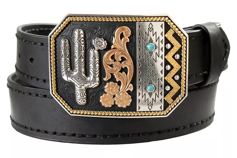 W Black Stitch Belt w/Cactus Buckle