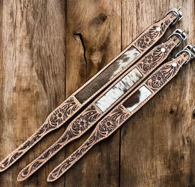 Western Linens Tan Cowhide & Tooled Dog Collars