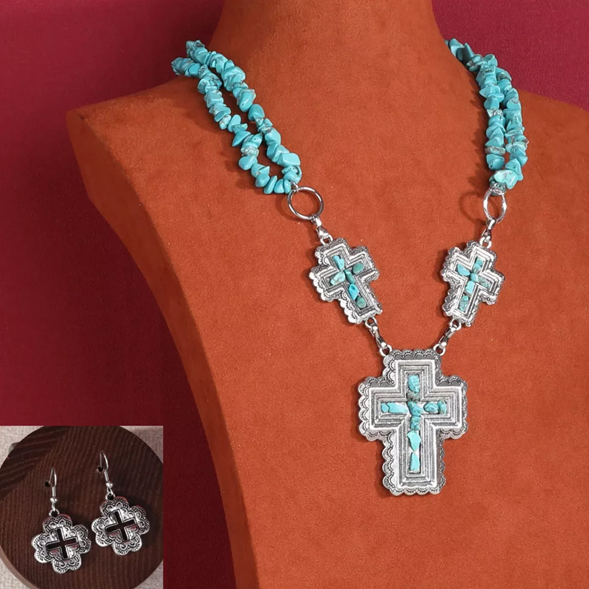 Wrangler RNS-1025 Rustic Couture's Double Layers Turquoise Chips Sliver Cross Pendants Necklace & Earring Set