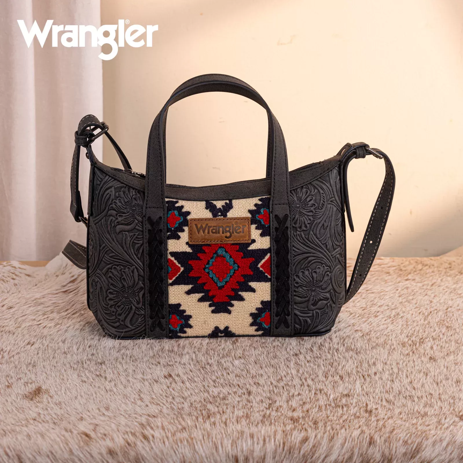 Wrangler Tooled Aztec Pattern Print Tote Crossbody in Black
