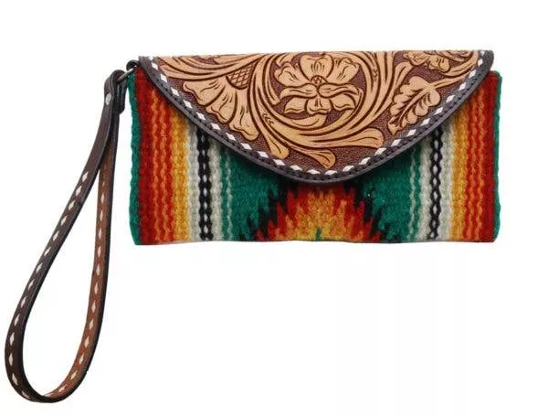 Wristlet with Shoulder Strap, Tooled Flap & Buckstitching