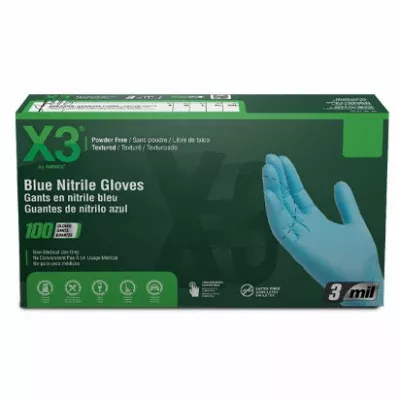 X3 Blue Nitrile Gloves, Powder-Free, X-Large, 100/Pkg