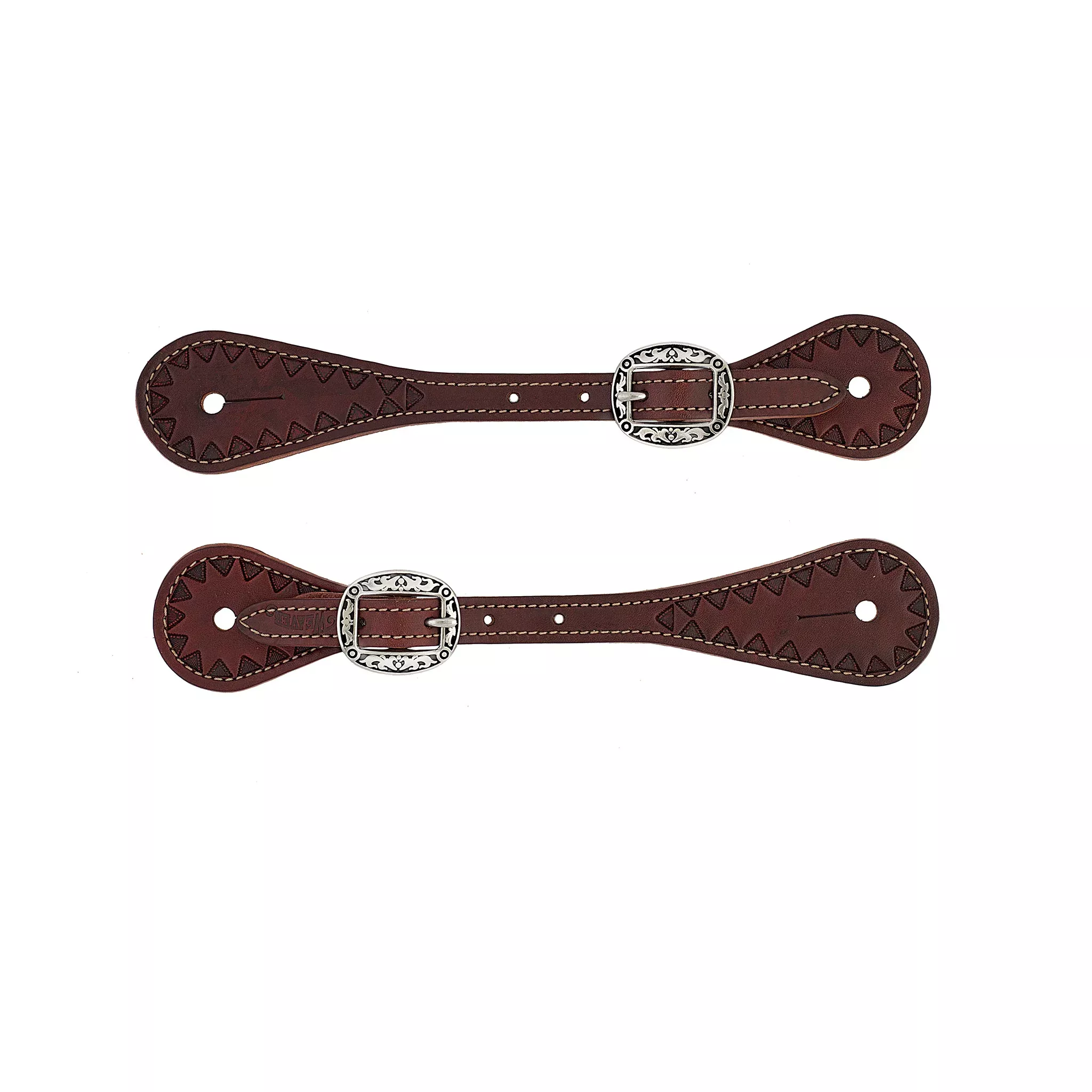 Youth Hand Tooled Triangle Border Spur Straps, Chestnut